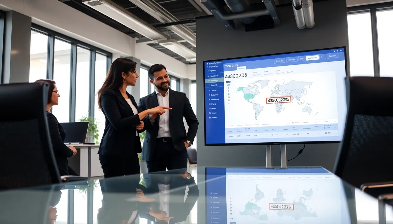 professionals examining a digital package tracking system in a modern office.