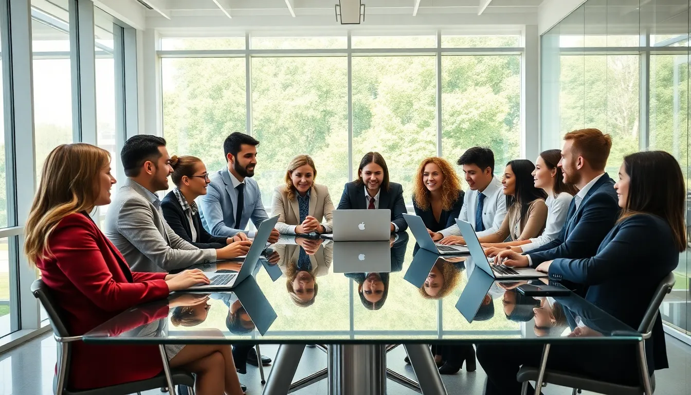 diverse professionals engaged in lively discussion in a modern office.