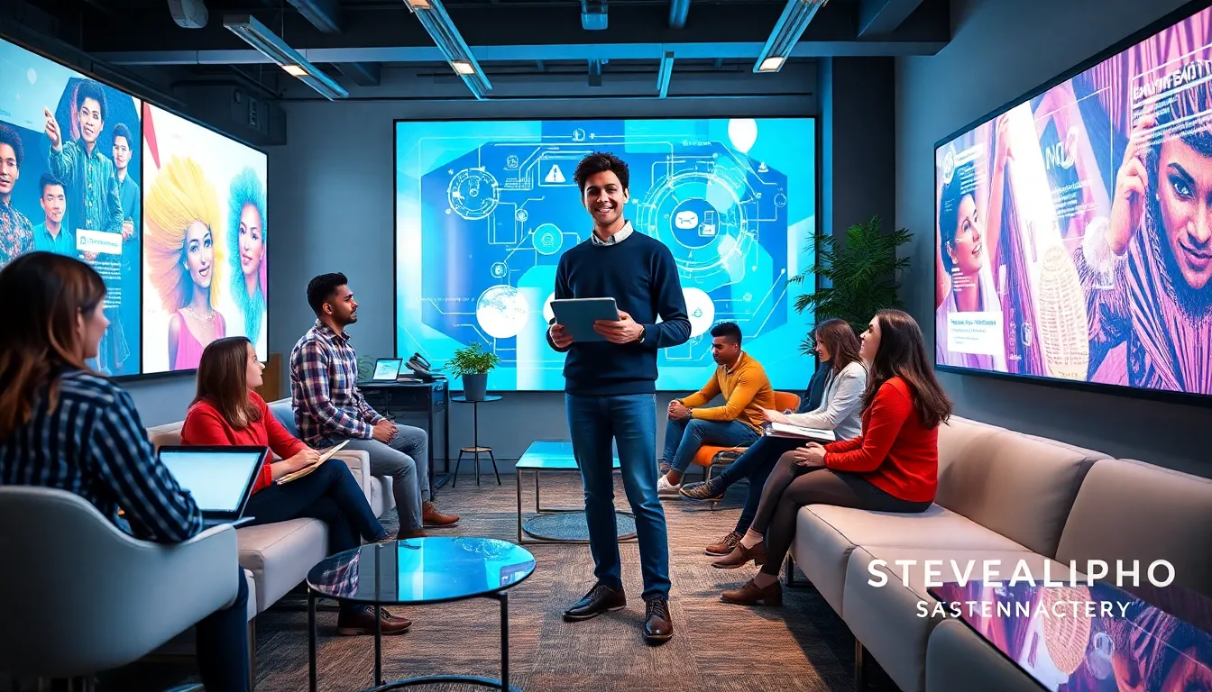 Stevealpha00 collaborating with a diverse team in a modern workspace.